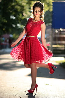 HD wallpaper: woman wearing red square neck sleeveless mini dress lying ...