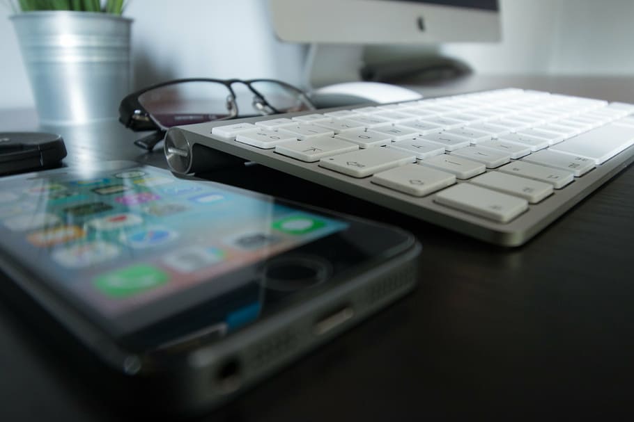 Apple Magic Keyboard beside black iPhone, photo, space, gray HD wallpaper
