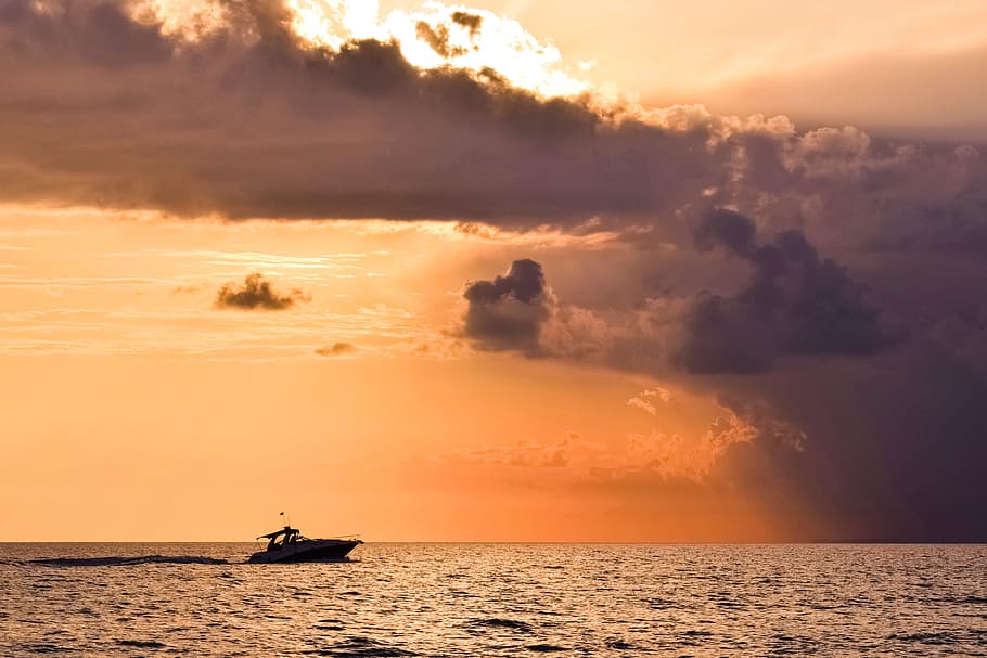 storm, sunset, boat, sky, clouds, nature, sea, autumn, weather HD wallpaper