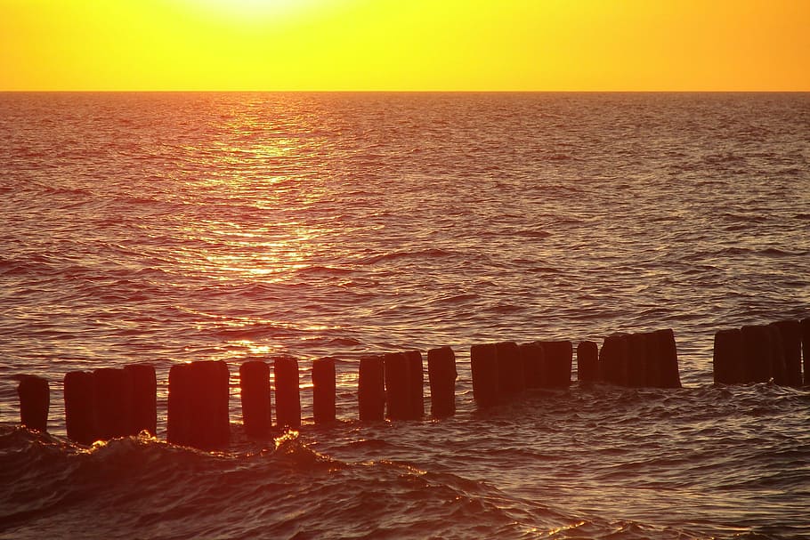 Hd Wallpaper Baltic Sea Breakwater Sunset Wood Red Sky Black