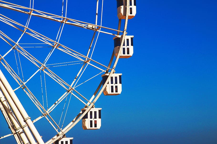 Beige Ferris Wheel, clouds, daylight, height, high, iron, metal HD wallpaper