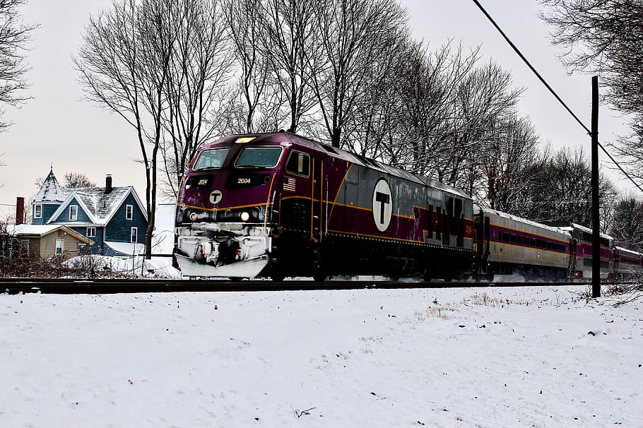 red and grey train running on train tracks, brown train, snow HD wallpaper