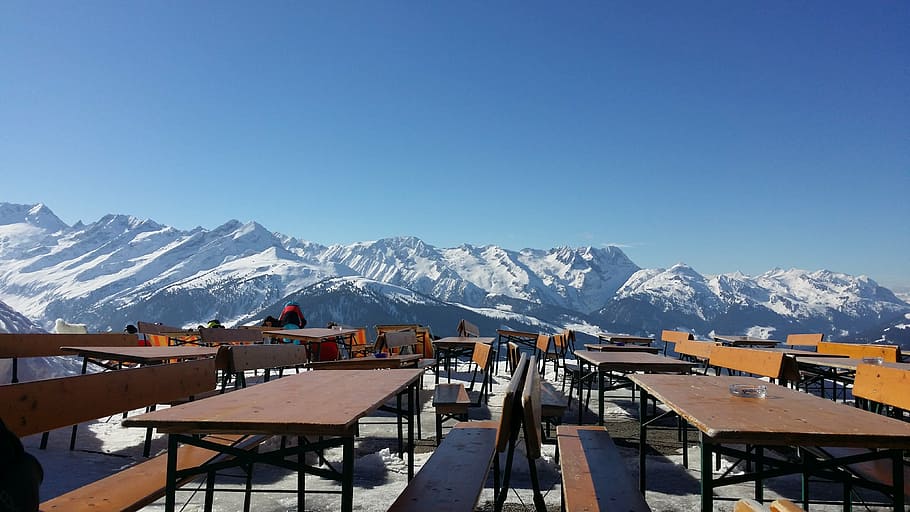 winter, mountains, ski lodge, terrace, snow, cold temperature HD wallpaper
