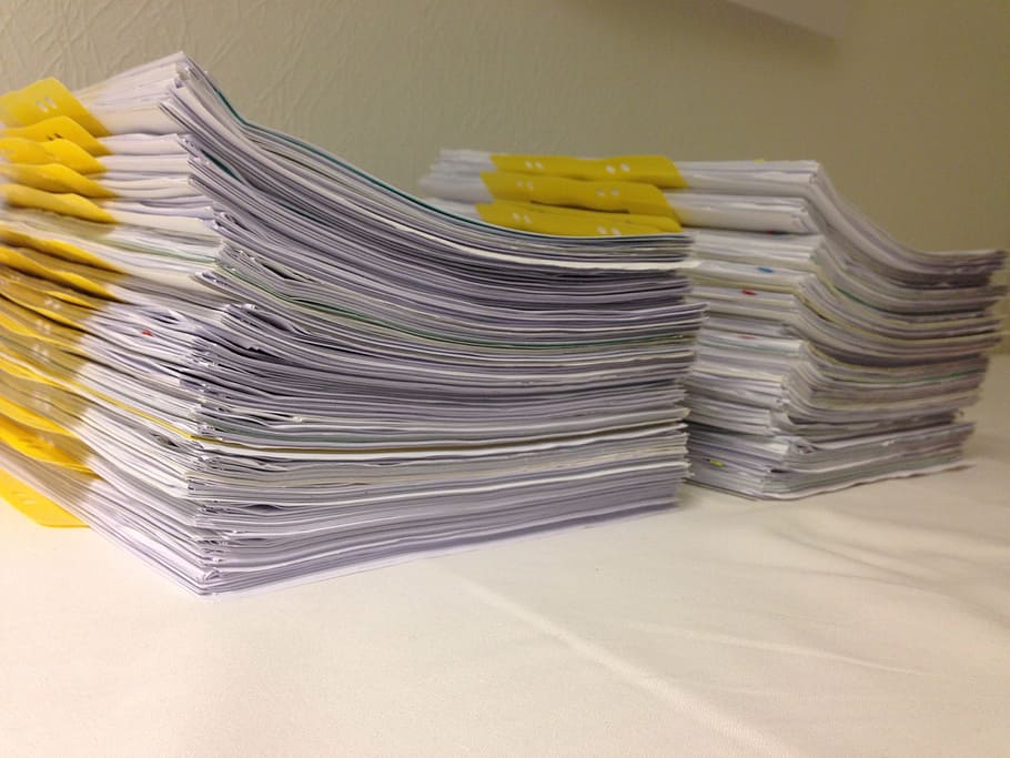 two piles of white printer paper, leaves, documents, office HD wallpaper