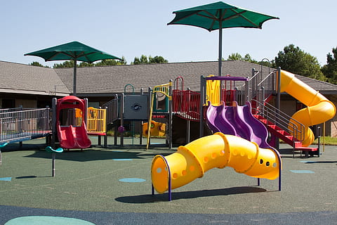 multicolored metal playhouse, playground, swing, slide, school HD wallpaper