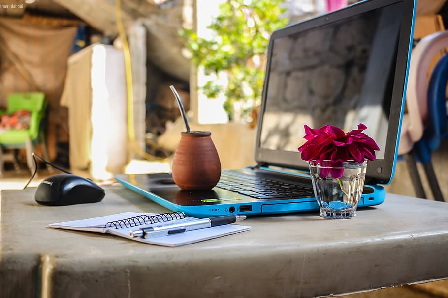 Brown Clay Pot On Black And Blue Laptop, computer, desk, electronics HD wallpaper