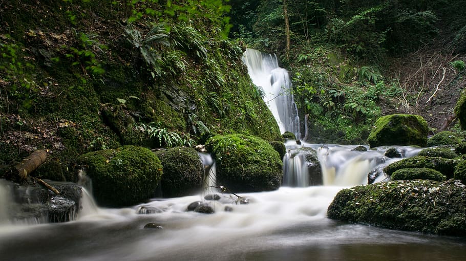 waterfall, stream, nature, green, grass, landscape, rocks, moss HD wallpaper