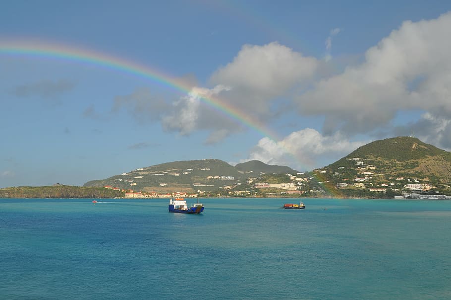 rainbow, scenery, landscape, clouds, islands, sky, blue, water HD wallpaper