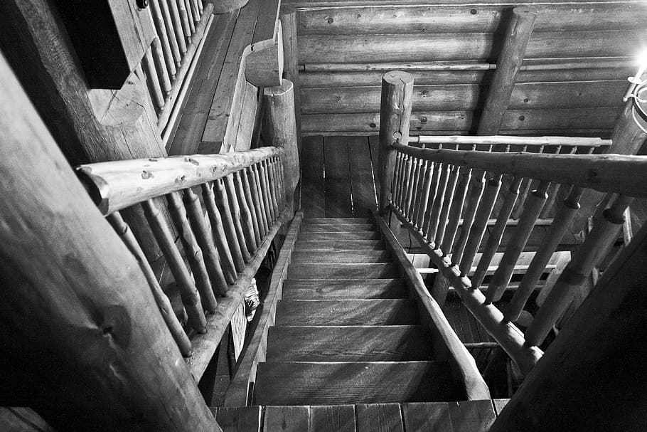 stairs, perspective, wood, old, steps, downstairs, floor, architecture, HD wallpaper