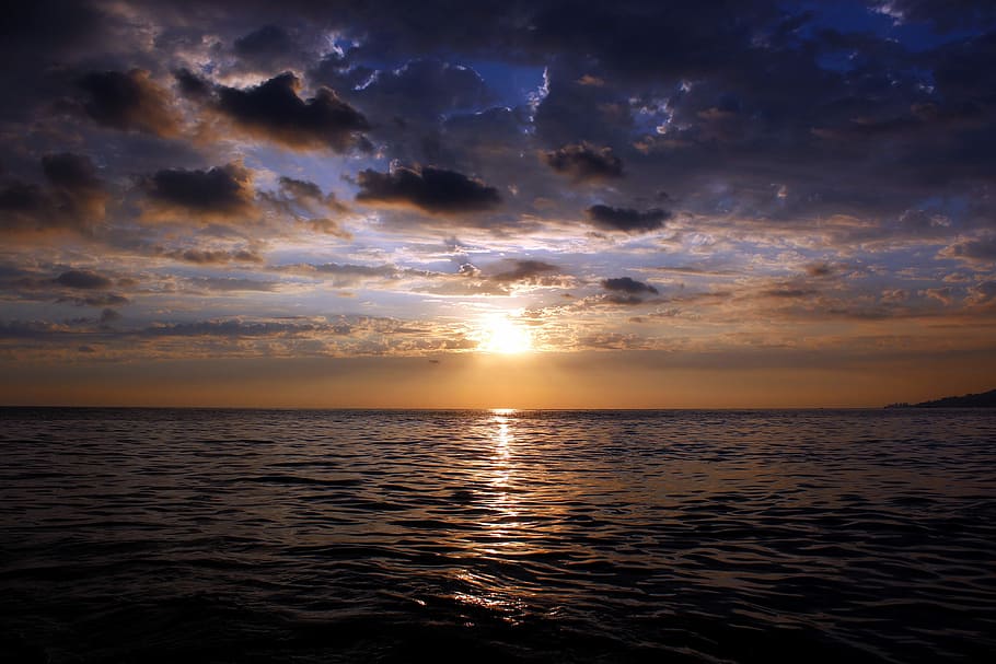 sunset, twilight, nature, sea, water, sky, horizon over water HD wallpaper