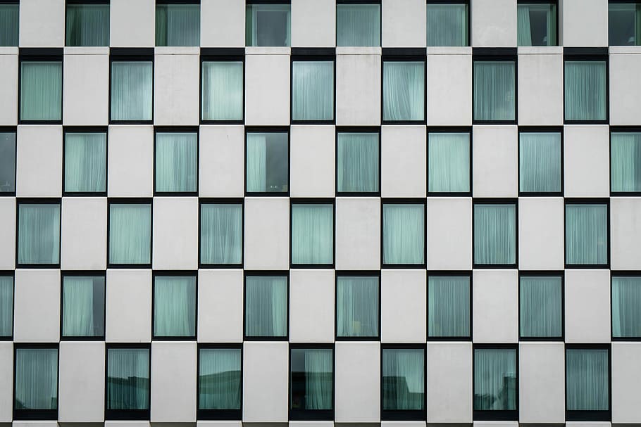 close view of white and teal panels, Hotel, Window, Facade, Architecture, HD wallpaper