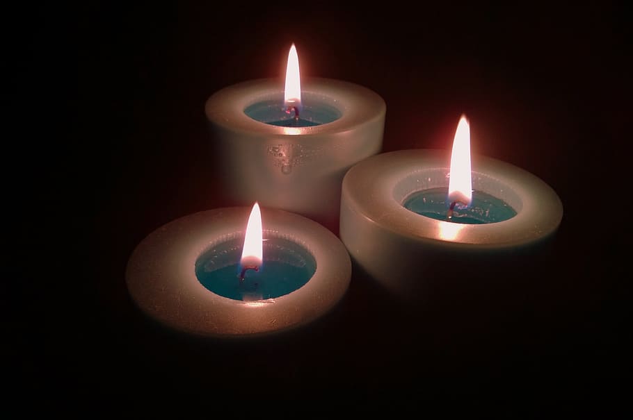 thee white candles with lights, three, flames, decoration, dark, HD wallpaper