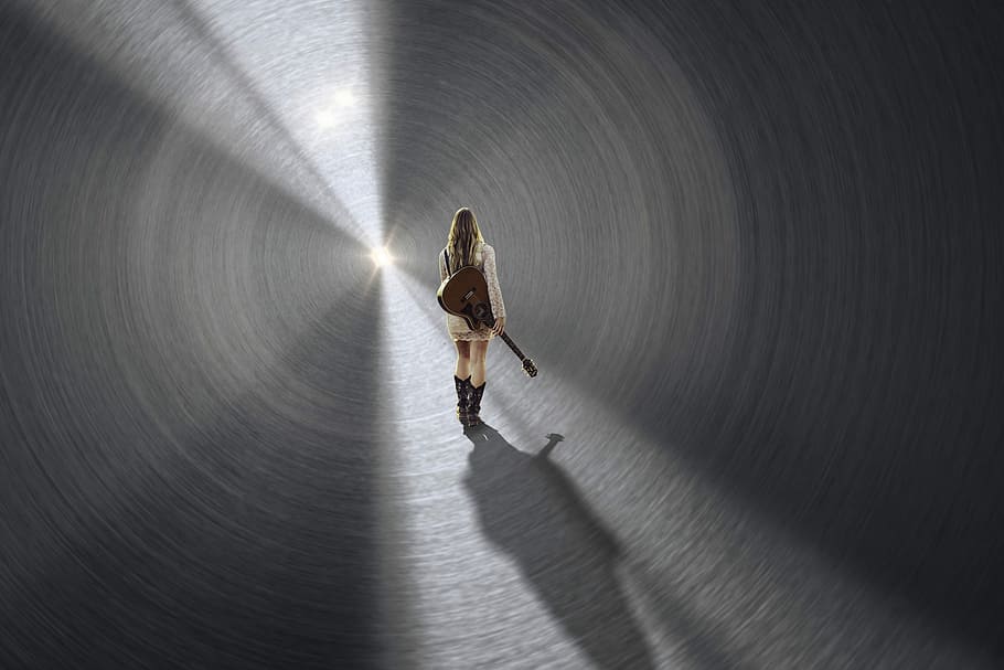 woman holding brown acoustic guitar, human, girl, tunnel, light, HD wallpaper