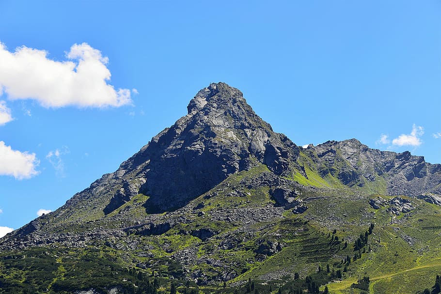 green mountain, mountain peak, mountains, clouds, sky, tyrol HD wallpaper