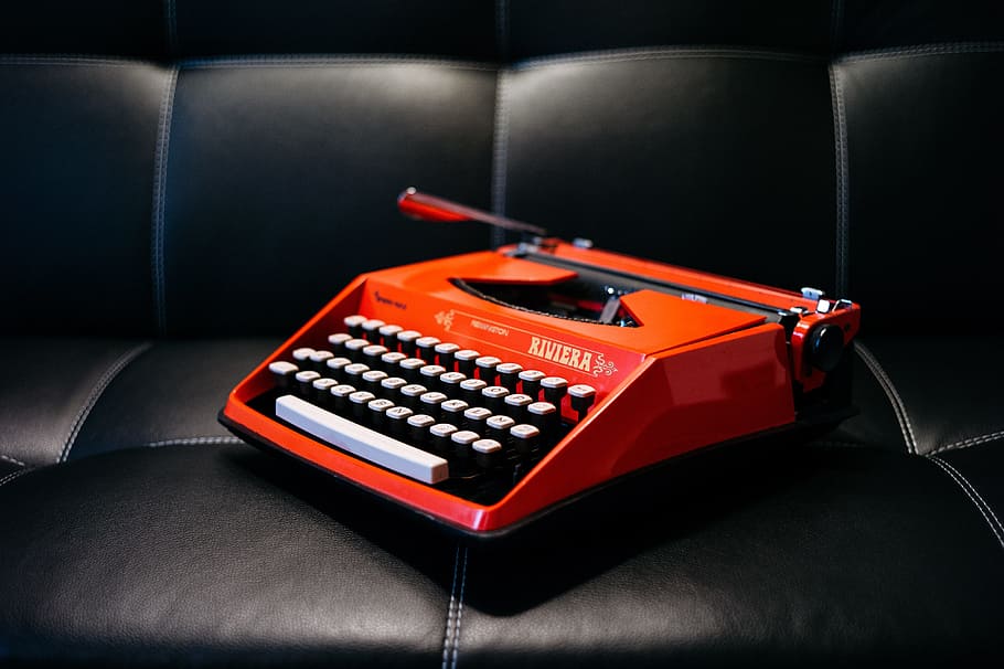 red typewriter, retro, leather, manual, keys, ribbon, orange HD wallpaper