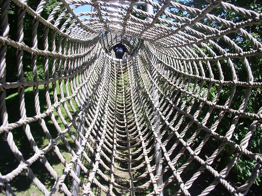 playground, tunnel, grid, cobweb, plant, day, tree, full frame HD wallpaper
