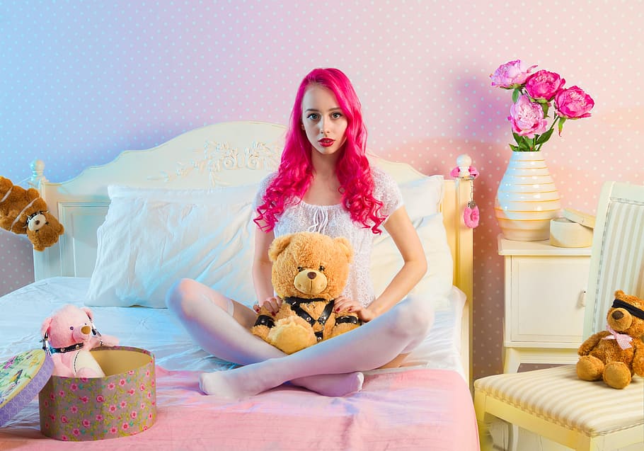 woman with pink hair and brown bear plush toy ], bed, bedroom HD wallpaper