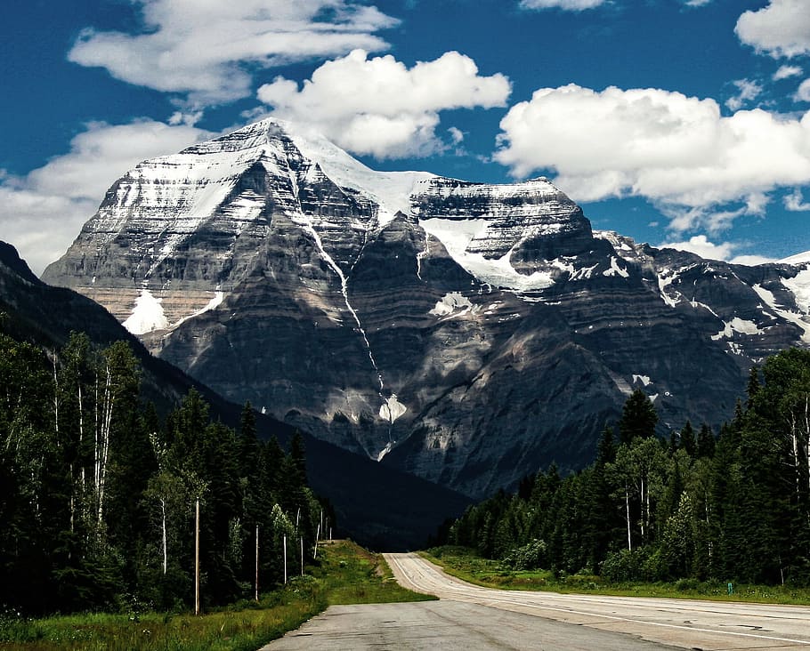 photo of road near mountain, landscape, trees, sky, nature HD wallpaper