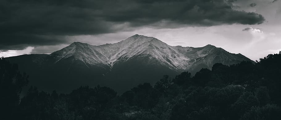 mountain, highland, valley, clouds, sky, tree, plant, nature HD wallpaper