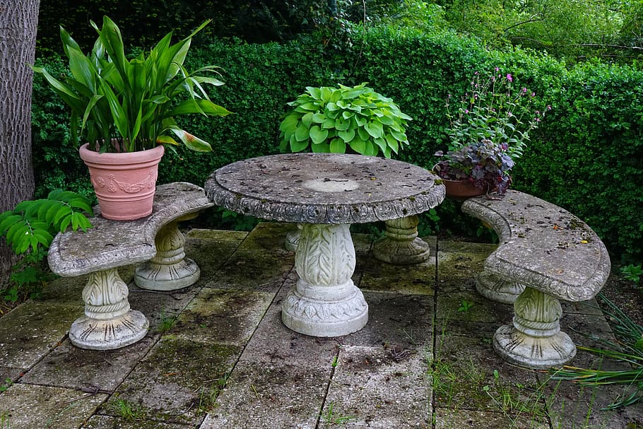 seating area, table, stone bench, stone table, garden, green