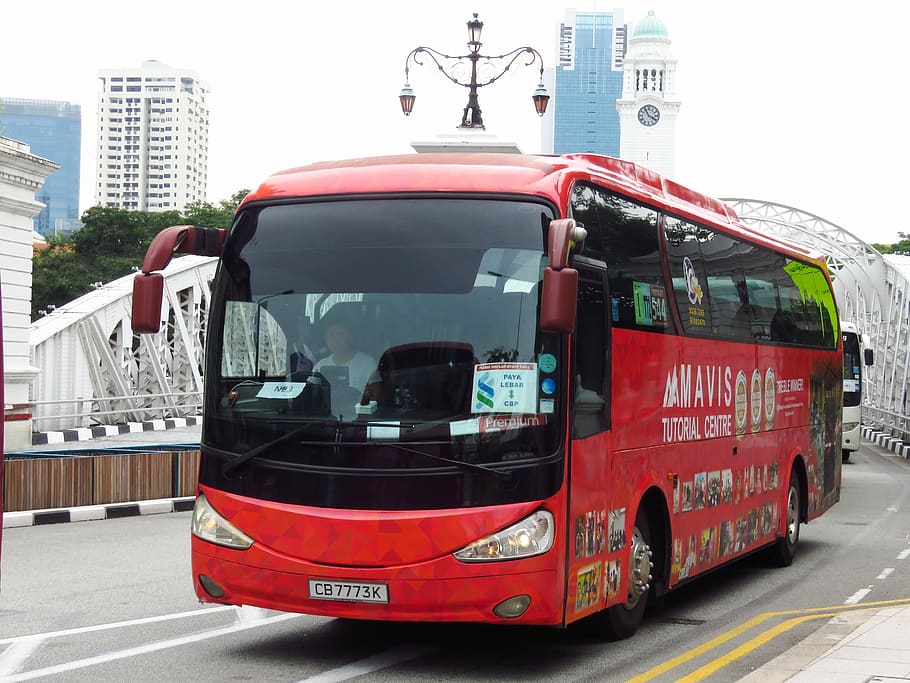 Singapore, Transport, Red Bus, City, road, urban, travel, business, HD wallpaper