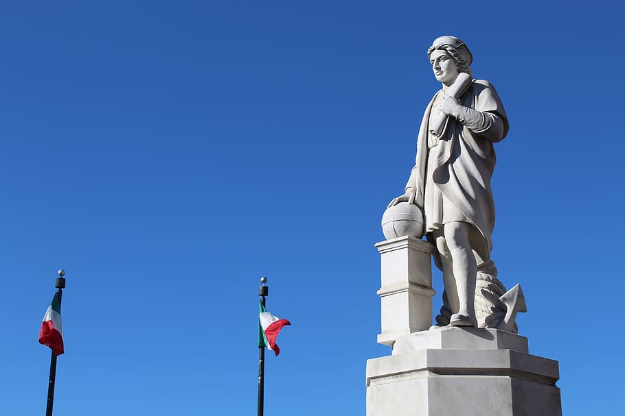 sky, statue, architecture, outdoors, christopher columbus, baltimore