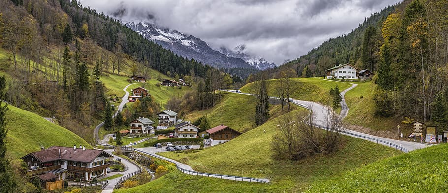 landscape photograph of town in valley, maria gern, village, alpine, HD wallpaper