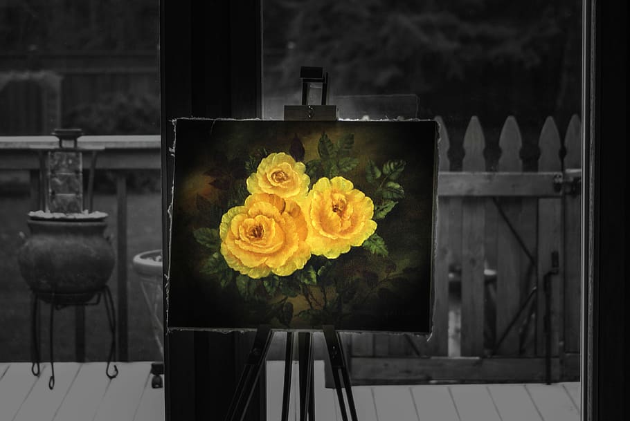 Easel, Painting, Rose, Art, black and white, yellow, decorative, HD wallpaper
