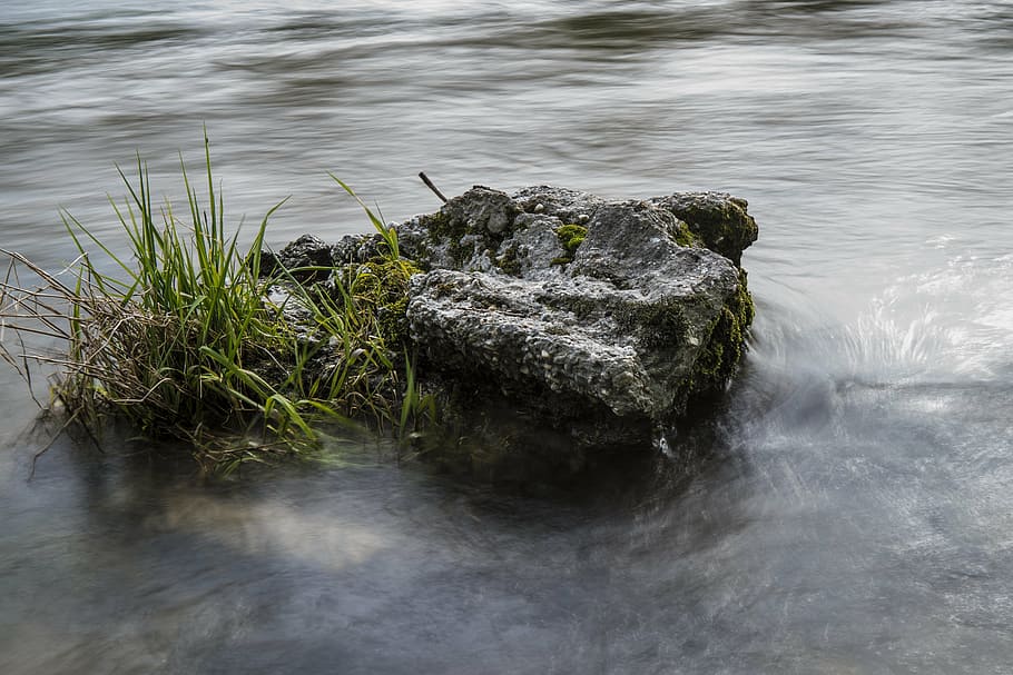 water, stone, grass, grasses, long exposure, rock, nature, rest
