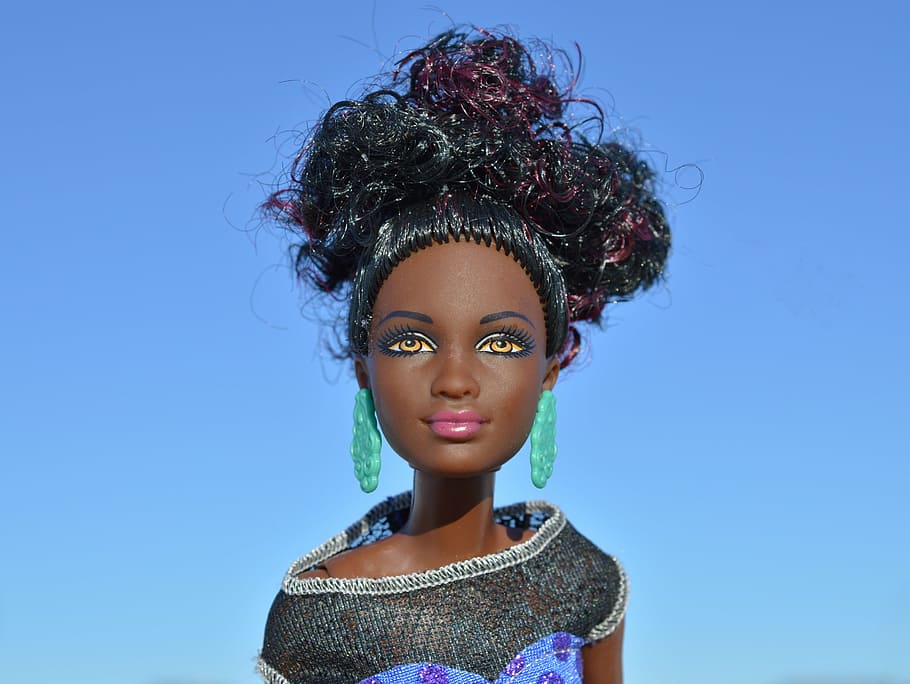 Barbie doll wearing gray top, black, african-american, face, portrait