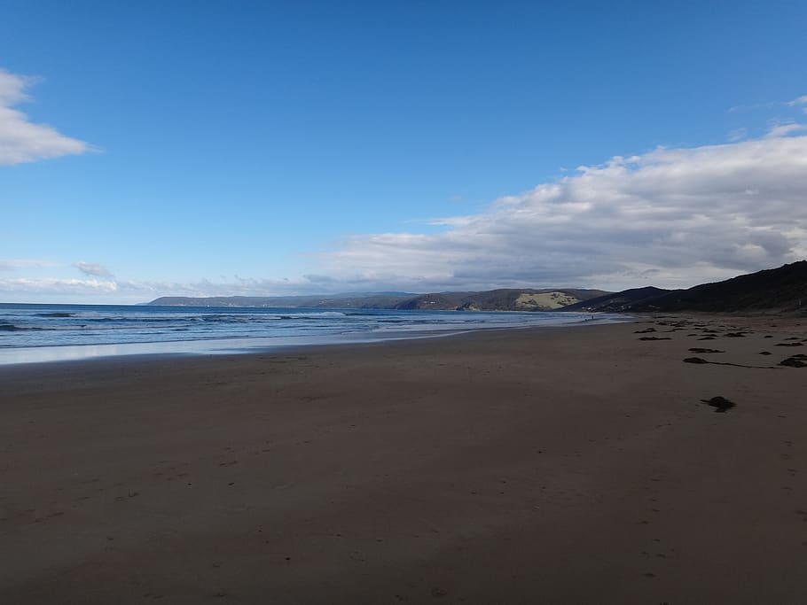 beach, wide, blue, sky, sea, sand, clouds, horizon, ocean, coast HD wallpaper