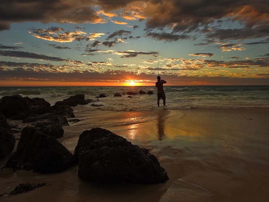 rocks, sunset, silhouette, sky, sea, water, cloud - sky, beach HD wallpaper