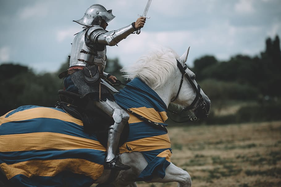 knight Shining armor riding in white horse, armed Forces, weapon