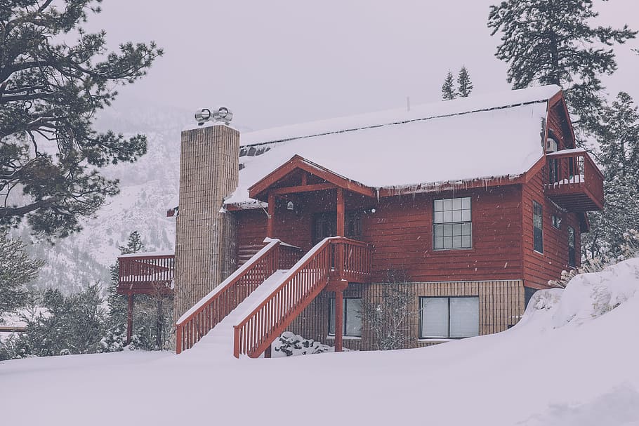 architectural photography of brown wooden house covered with snow surrounded by green leaf trees, snow covered brown house under gray sky at daytime HD wallpaper