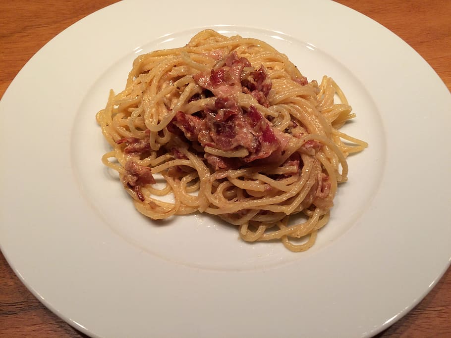 spaghetti, carbonara, bacon, onions, food, lunch, italy, spaghetti carbonara, HD wallpaper