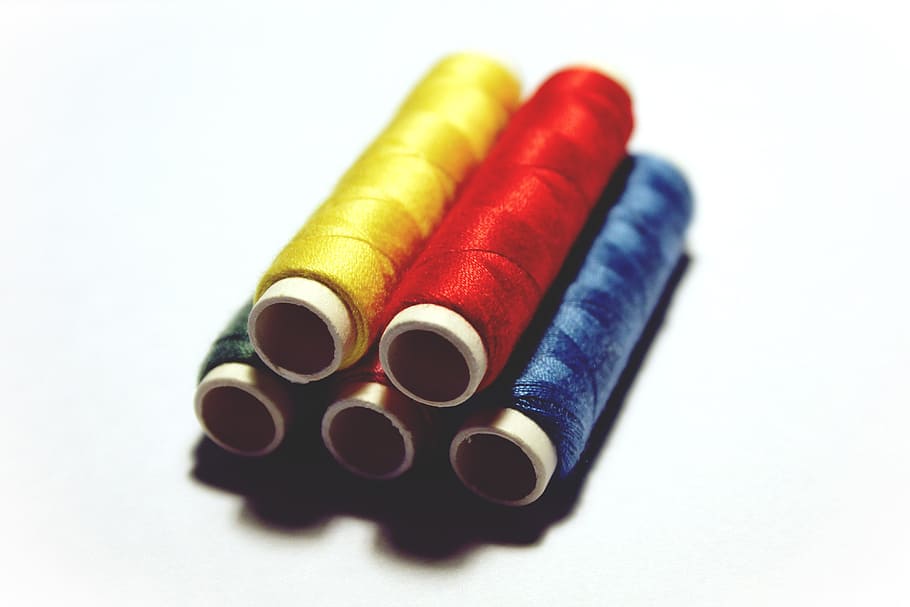 five assorted-color threads, yarn, sew, thread spool, coiled HD wallpaper