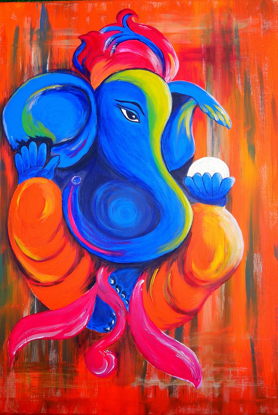 blue, yellow, red, and orange elephant painting, ganesha, god, HD wallpaper
