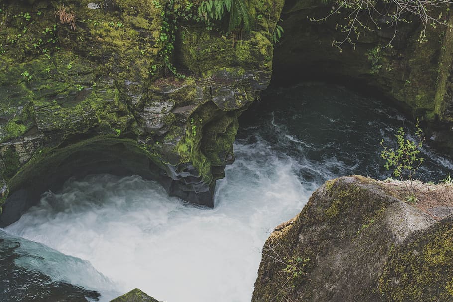 landscape, nature, water, mountain, branches, cascade, creek HD wallpaper