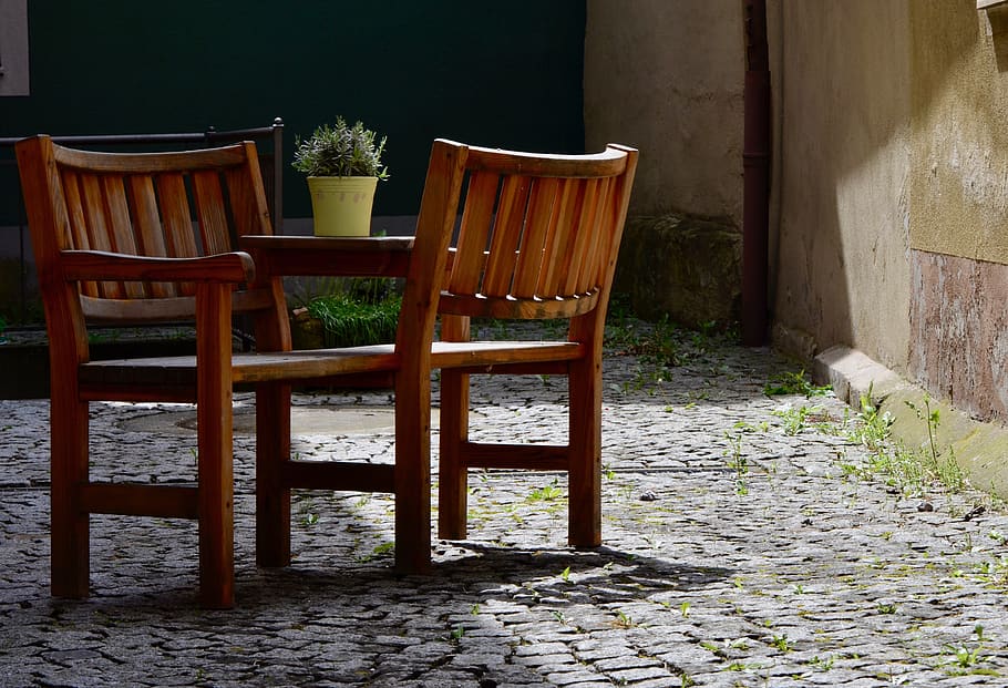 backyard, hof, bench, spring, break, rest, serenity, sunny HD wallpaper