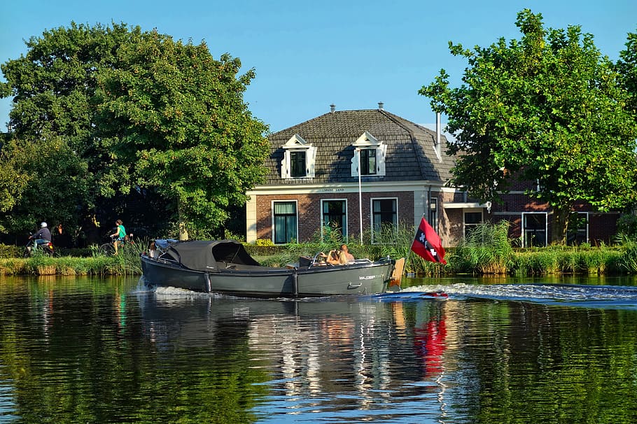 boat, river, boating, leisure, rural, summer, water, plant HD wallpaper