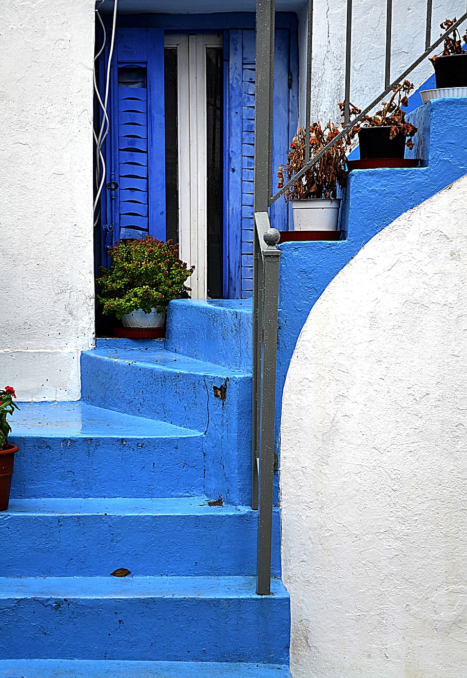 Stairs, Greece, blue, architecture, house, europe, facade, building Exterior HD wallpaper