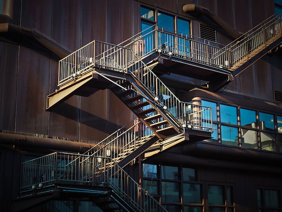 gray metal emergency ladders, stairs, architecture, gradually HD wallpaper