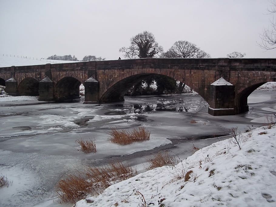 bridge, river, snow, landscape, ice, city, travel, view, scenic HD wallpaper
