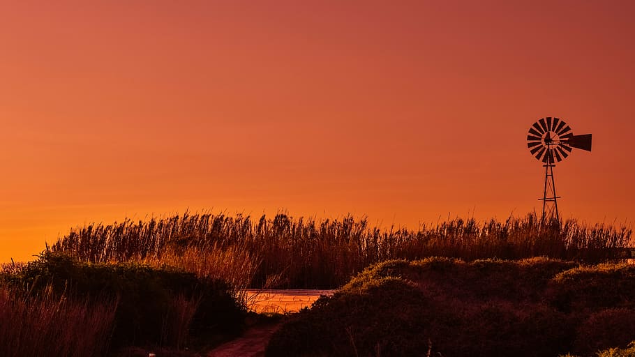 green grass and rock formations, windmill, sunset, reeds, landscape HD wallpaper