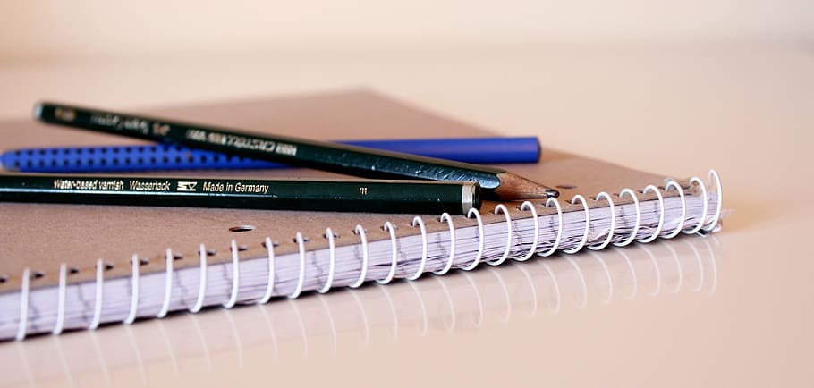 brown spiral notebook, notepad, block, pen, pencil, desk pad HD wallpaper
