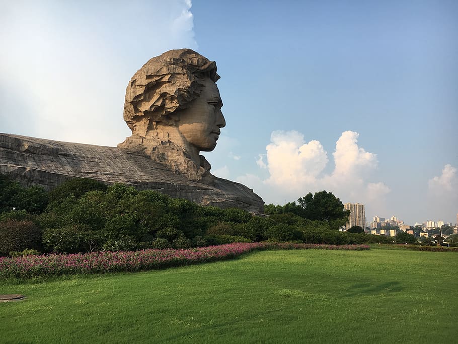 views, orange island, statue, sculpture, human representation HD wallpaper