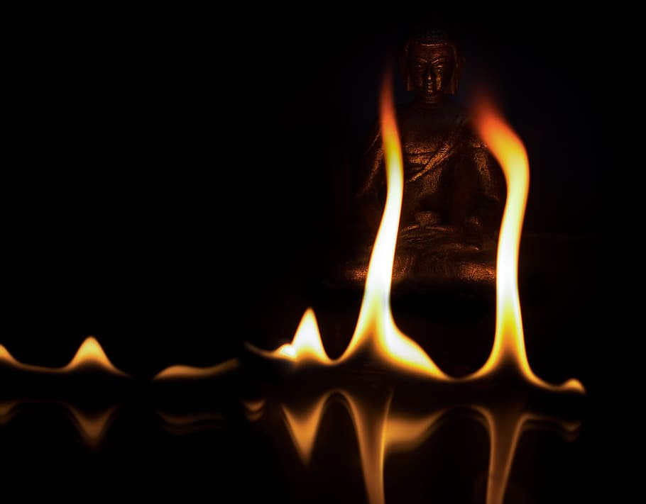 yellow flames in front of Buddha statue, fire, brand, burning, HD wallpaper