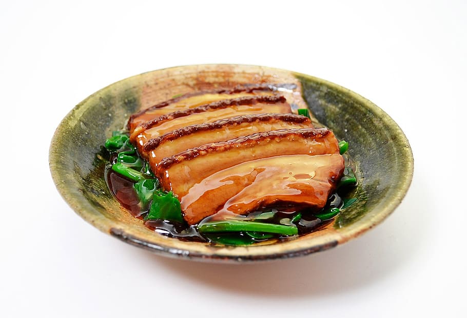 grilled pork on gray plate, dong po rou, chinese food, dish, kakuni, HD wallpaper