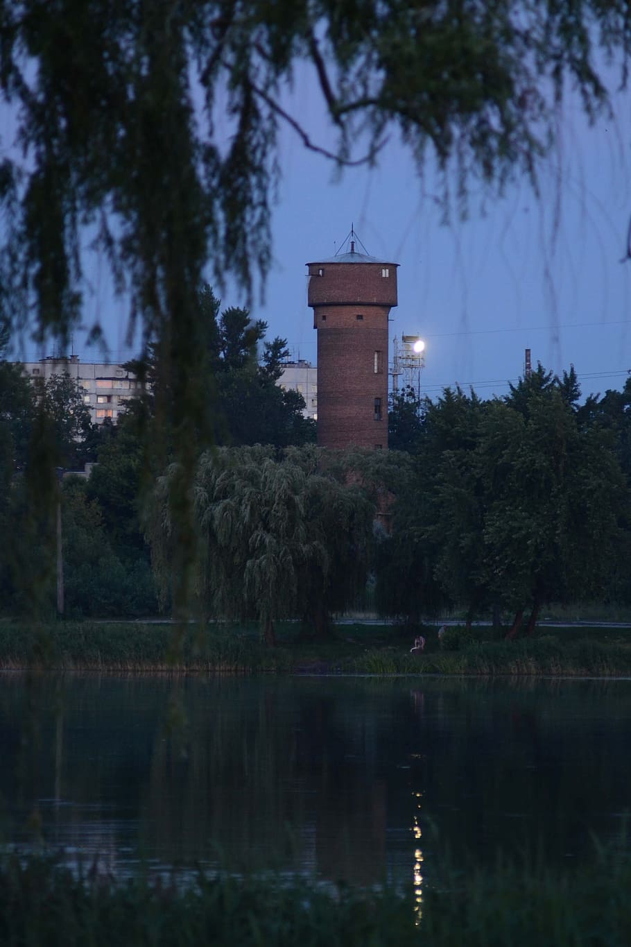 tower, water, water tower, barrel, river, trees, branch, willow HD wallpaper