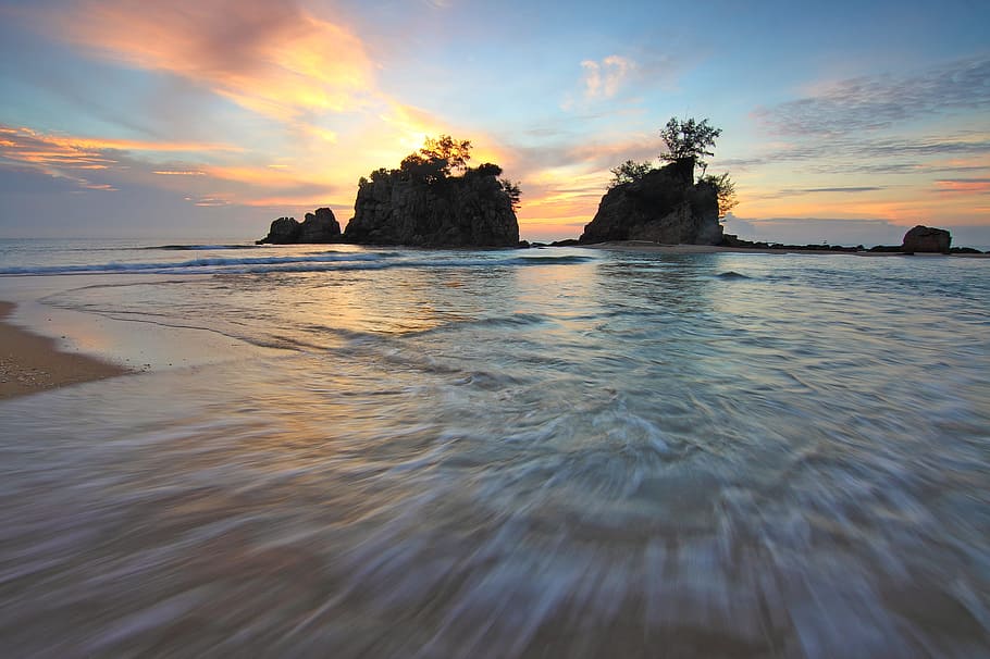 light, sea, dawn, landscape, beach, clouds, dusk, evening, island HD wallpaper